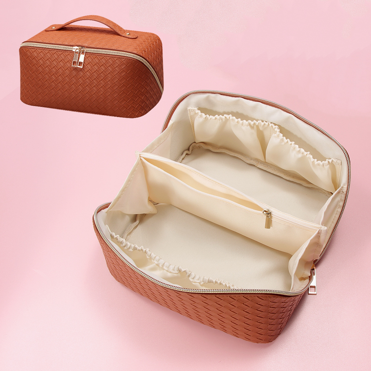 Picture of Amazon Wash Bag for PU Leather Small Checkered Textured Storage Large Capacity Multi-functional Cosmetic Bag Advanced Sense