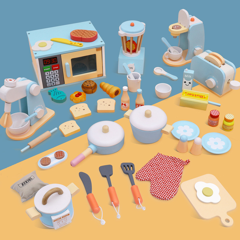 Children's Educational Toys Wooden Simulation Play House Kitchen Toy Set Coffee Machine Bread Machine Microwave Oven Toy