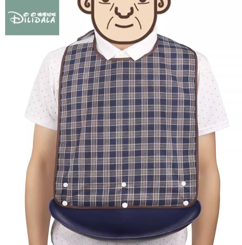 Picture of Adult Pure Cotton Plaid Bib Dining Bib Adult Double-Sided Food Bucket Elderly Adult Slippery Bucket Waterproof