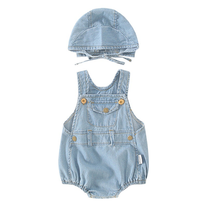 ins Summer Baby Boys and Girls Baby Light Denim Hat Two-Piece Triangle Climbing Suit