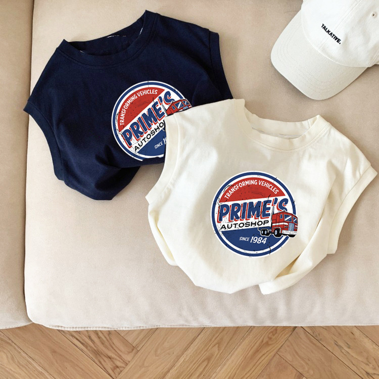 Pure Cotton Baby Kidsren's Sleeveless T-Shirt 2025 Cartoon Car Pattern Versatile Vest Sweatshirt Top for Boys and Girls Summer