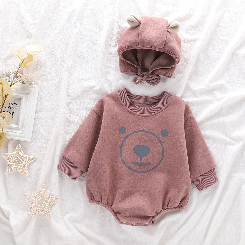 Picture of ins Children's Clothing Spring and Autumn One-piece Hattie Cute Printed Bear Long-sleeved Sweatshirt Bag Fart Clothes Baby Climbing Clothes Hat