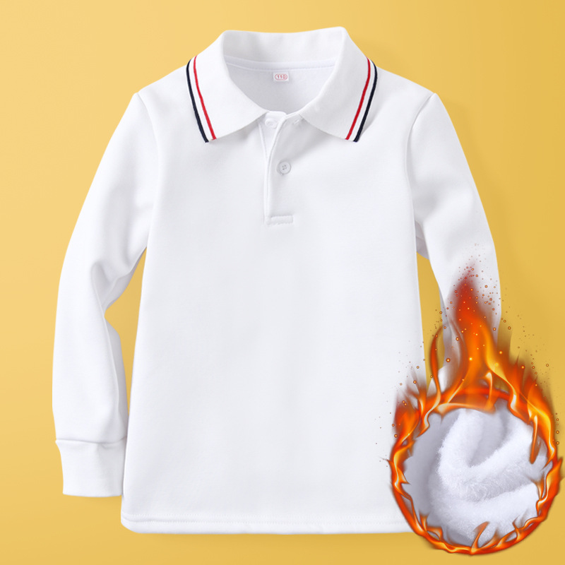 Children's polo shirt long sleeve fleece-lined lapel white t-shirt boys and girls winter thick warm base shirt school uniform t
