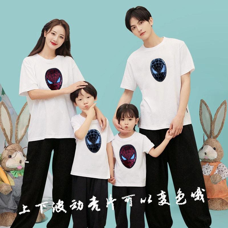 Picture of Cotton Spider-Man Short-sleeved T-shirt for parents and children's clothes fried street couple's fashionable brand summer clothes loose color-changing sequins children's top