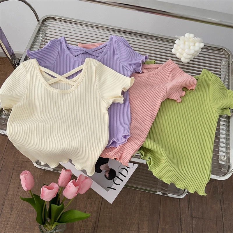 Girls' Fashionable Back Cross Short-sleeved T-shirt 2024 Summer New Korean-style Children's Solid Color All-match Casual Top