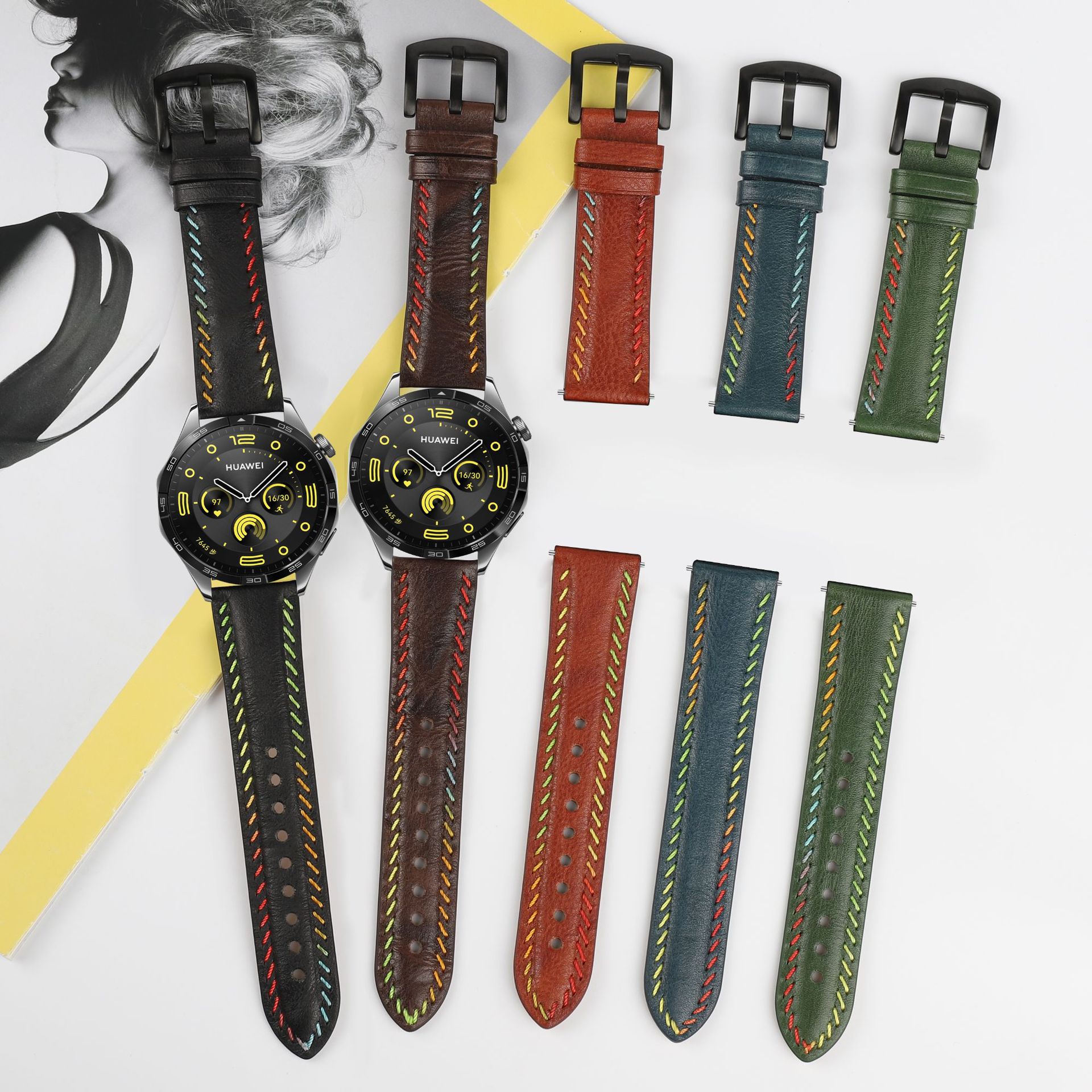Suitable for Huawei watch strap genuine leather handmade car line Samsung strap 22mm men and women strap in stock Jiaming Universal