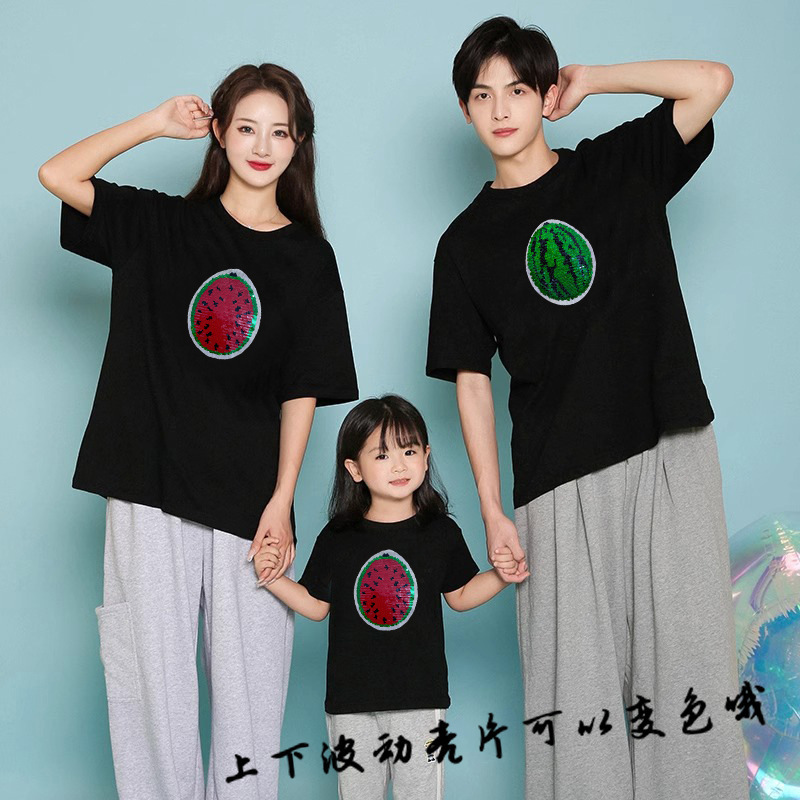 Cotton Parent Clothes Watermelon Flip Bead Short-sleeved T-shirt Summer Western Style Casual Color-changing Sequin Children's Top