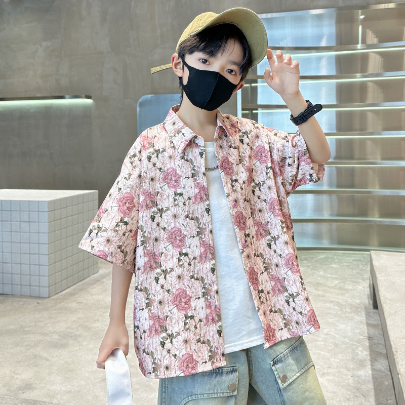 Children's Clothing Boy's Shirt Summer 2024 New Children's Casual Mid-Big Children's Short-Sleeved Summer Boy's Shirt Summer Trendy