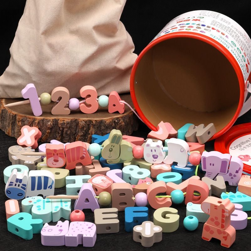 Picture of Wooden Balls Wooden 100 Pieces Number Letters City Transportation Fruit and Vegetable Farm Kidsren's Beaded Game Toys