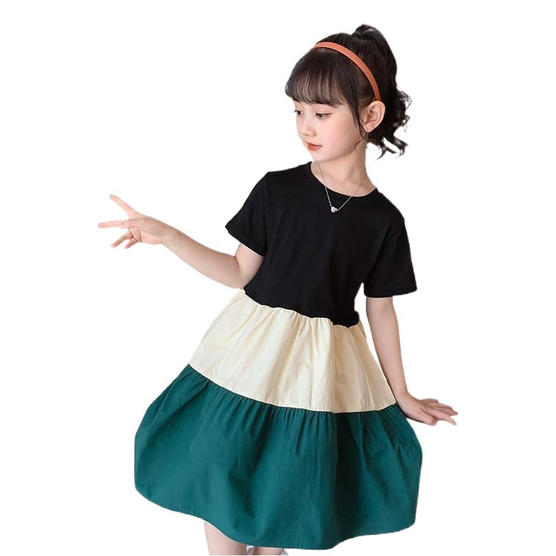 Girls Dress 2024 New Summer Spliced Skirt Big Children Summer Dress Fashionable Fairy Short Sleeve Girls Princess Dress Trendy
