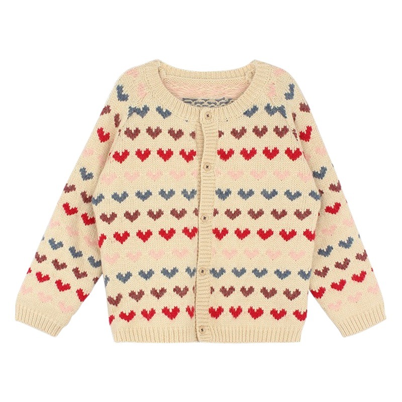 Girls' Casual Colorful Love Cardigan 2024 Autumn New Children's Korean Style Warm Fashionable Sweater Top