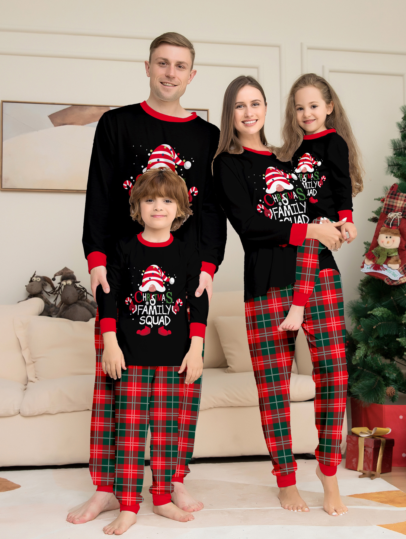Picture of Cross-Border Christmas Cake Hat with Letters, New Plaid Long-Sleeved Two-Piece Home Clothes, Printed Round Neck, Family Parent-Child Clothes