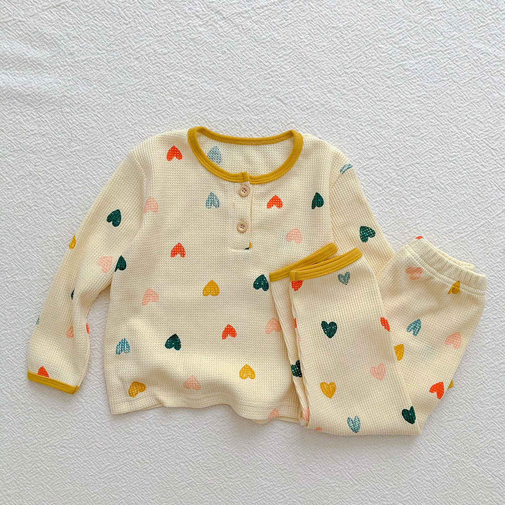 Picture of Children's Pajamas Girls' Home Clothes Boys' Cartoon Pure Cotton Waffle Suit Korean peekaboo Sleepsuit