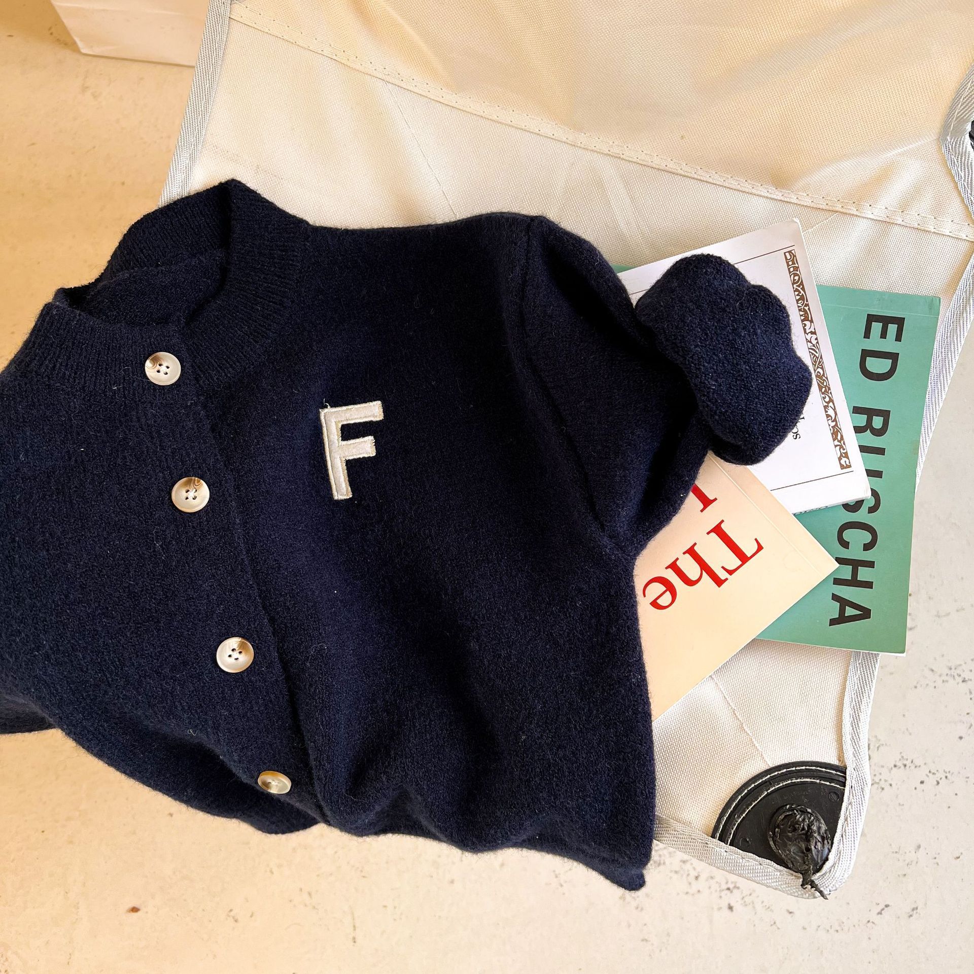Picture of Trendy children's sweater 2023 spring new boys and girls round neck solid color letter wool cardigan baby casual coat