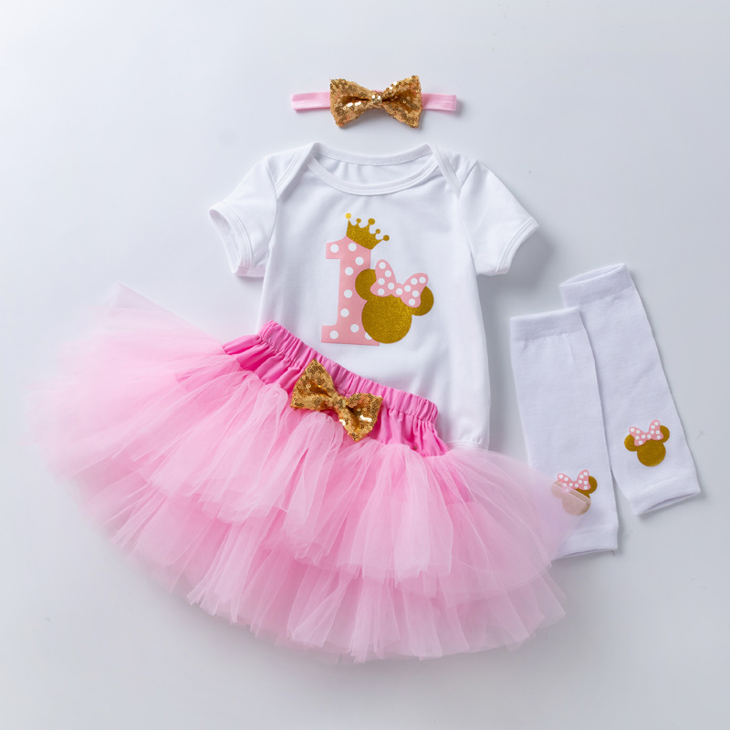 Picture of Cross-Border Children's Clothing Wholesale 4-Piece Set Baby Girl Birthday Set 1-Shaped Short-Sleeved Harem Skirt Socks Set Hair Accessories Set