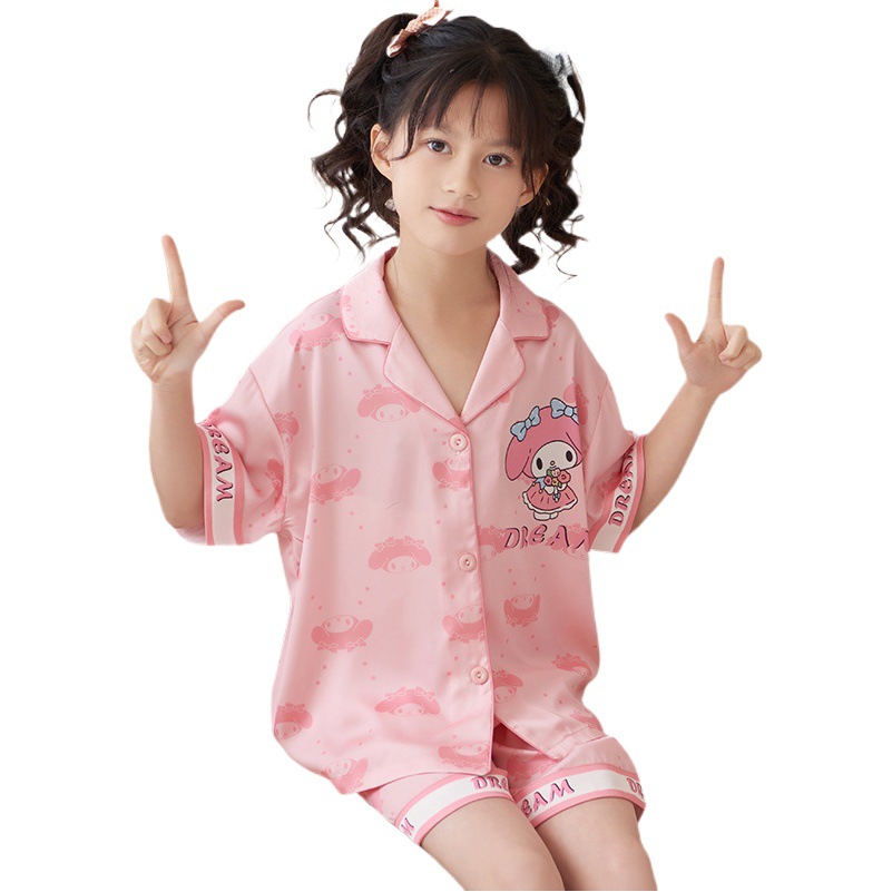 Girls' Pajamas Summer Ice Silk Short-sleeved Thin Children's Cardigan Parent-child Mother and Daughter Suit Children's and Girls' Home Clothes