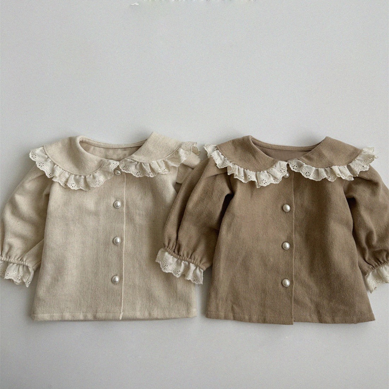 Ins Girls' Baby Spring New Style Shirt Top Western Style Lace Lace Long Sleeve Girls' Cardigan Shirt