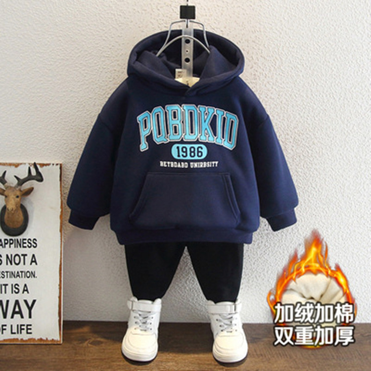 Picture of Children's Winter Clothing for Boys, Hooded Sweatshirt with Fleece, Thickened Winter Outfit for Toddlers and Young Children, Integrated Fleece Top, Children's Warm Jacket