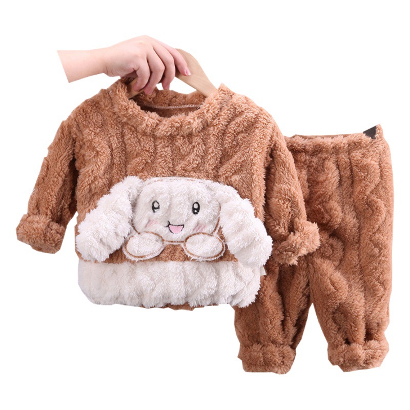 0-5 years old children's pajamas two-piece winter cute girls padded flannel warm cotton-padded jacket home clothes suit