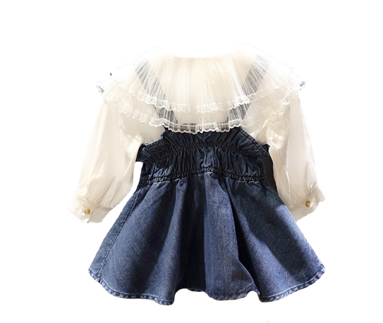 Picture of 2020 Autumn cross-border supply of small fragrant style denim strap skirt lace white shirt two-piece Children's suit YY64