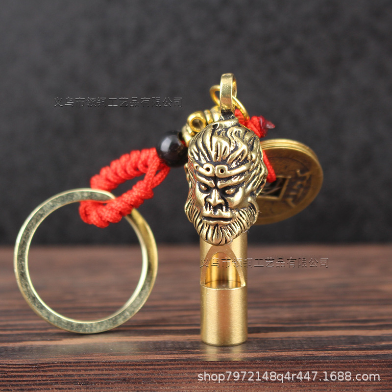Picture of Retro Brass Faucet Whistle Brass Outdoor Referee Monkey Head Whistle Keychain Pendant Wild Survival Whistle