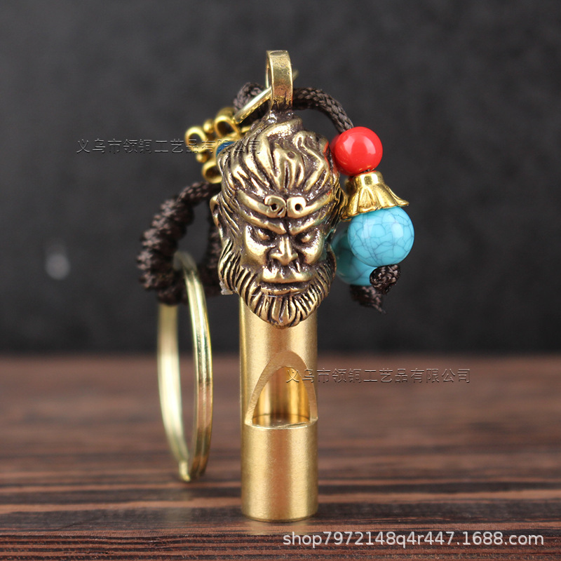 Picture of Retro Brass Faucet Whistle Brass Outdoor Referee Monkey Head Whistle Keychain Pendant Wild Survival Whistle