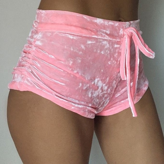 Picture of 2025Wish Aliexpress Gold Velvet Flannel Elastic Lace Pleated Sports Shorts in Stock