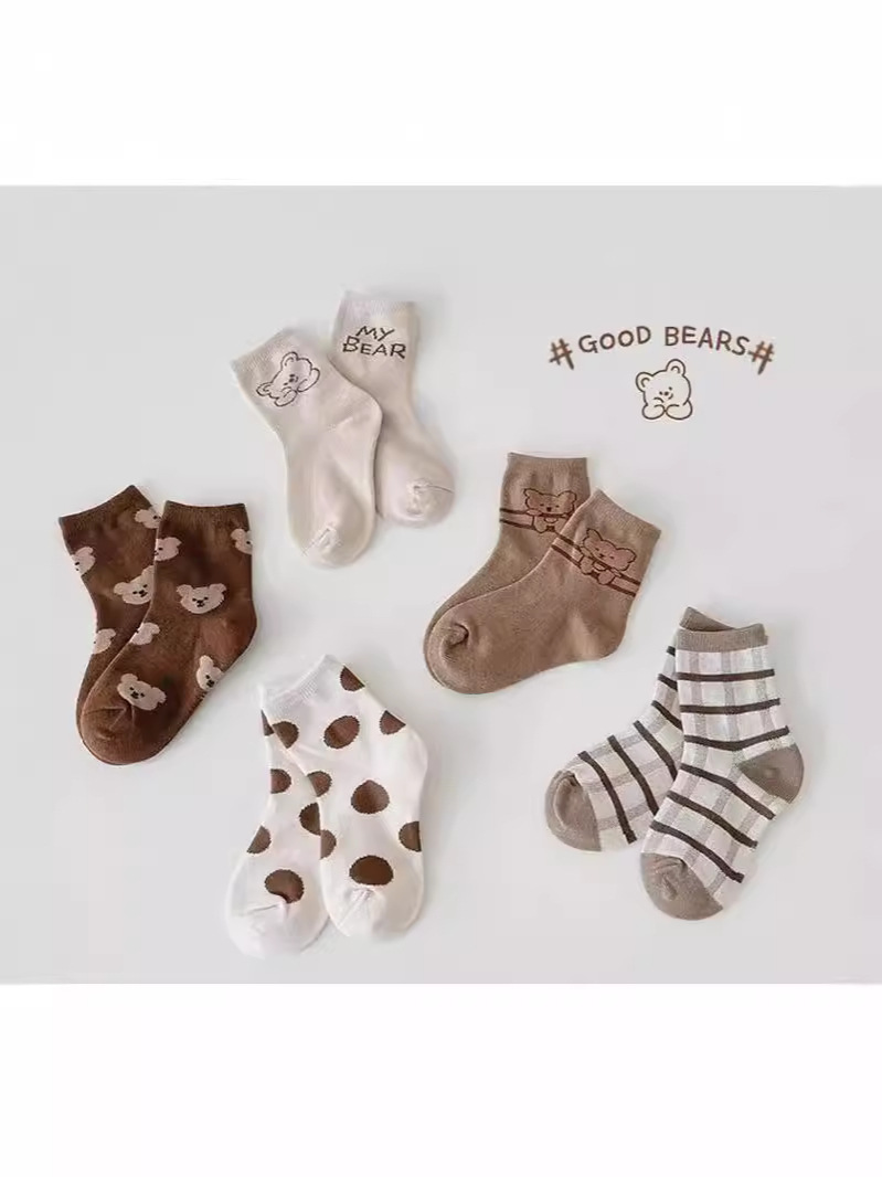 Children's Socks 5 Pair 2024 Spring and Autumn New Bear Pair Pair Baby Socks Color Spliced Socks for Boys and Girls