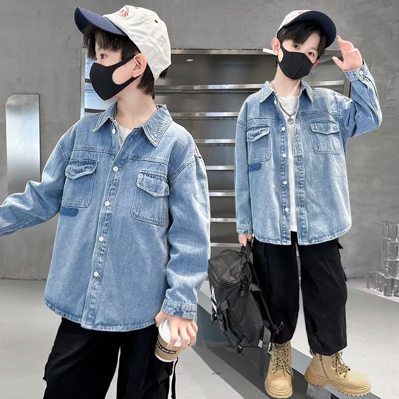 Boys' spring Denim coat shirt children's 2024 new big children's autumn fried street autumn clothes boys' coat fashion