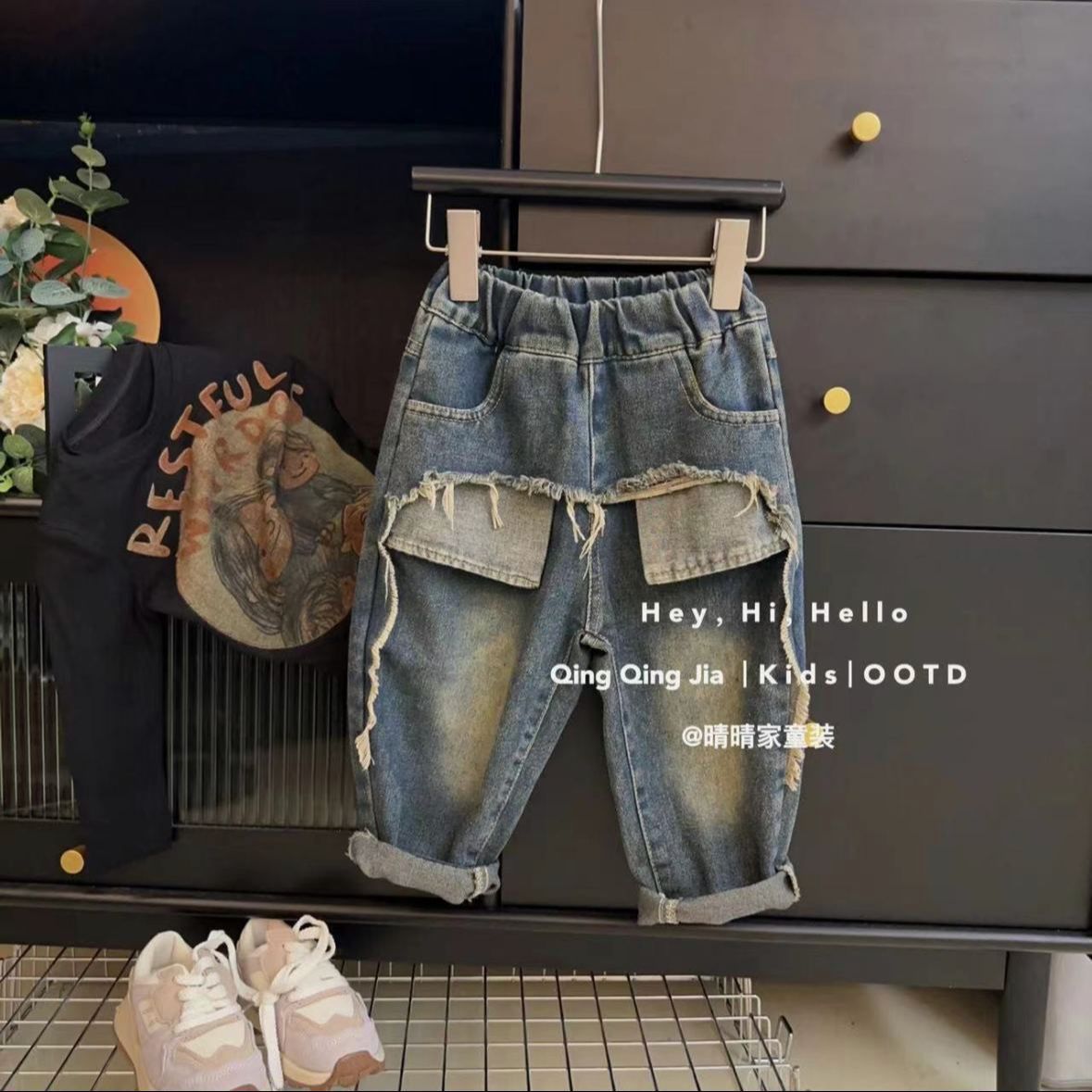 Children's jeans pants straight casual loose ripped washed children's jeans pants straight casual loose