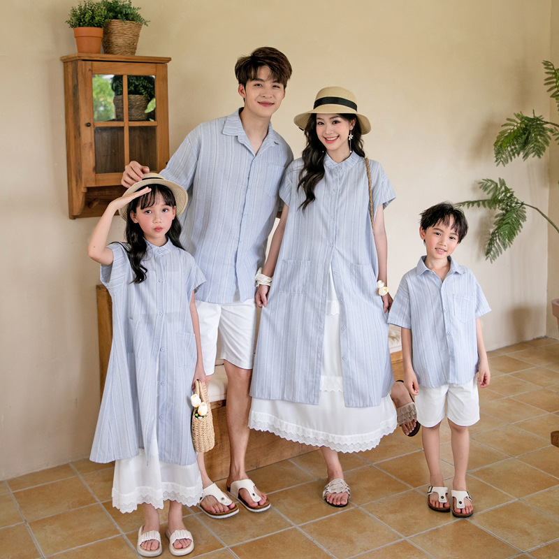 New Internet Celebrity High-set Couple Clothing Summer Striped Short-sleeved Shirt Mother and Dirt Korean Family Dress Loose Casual Wear