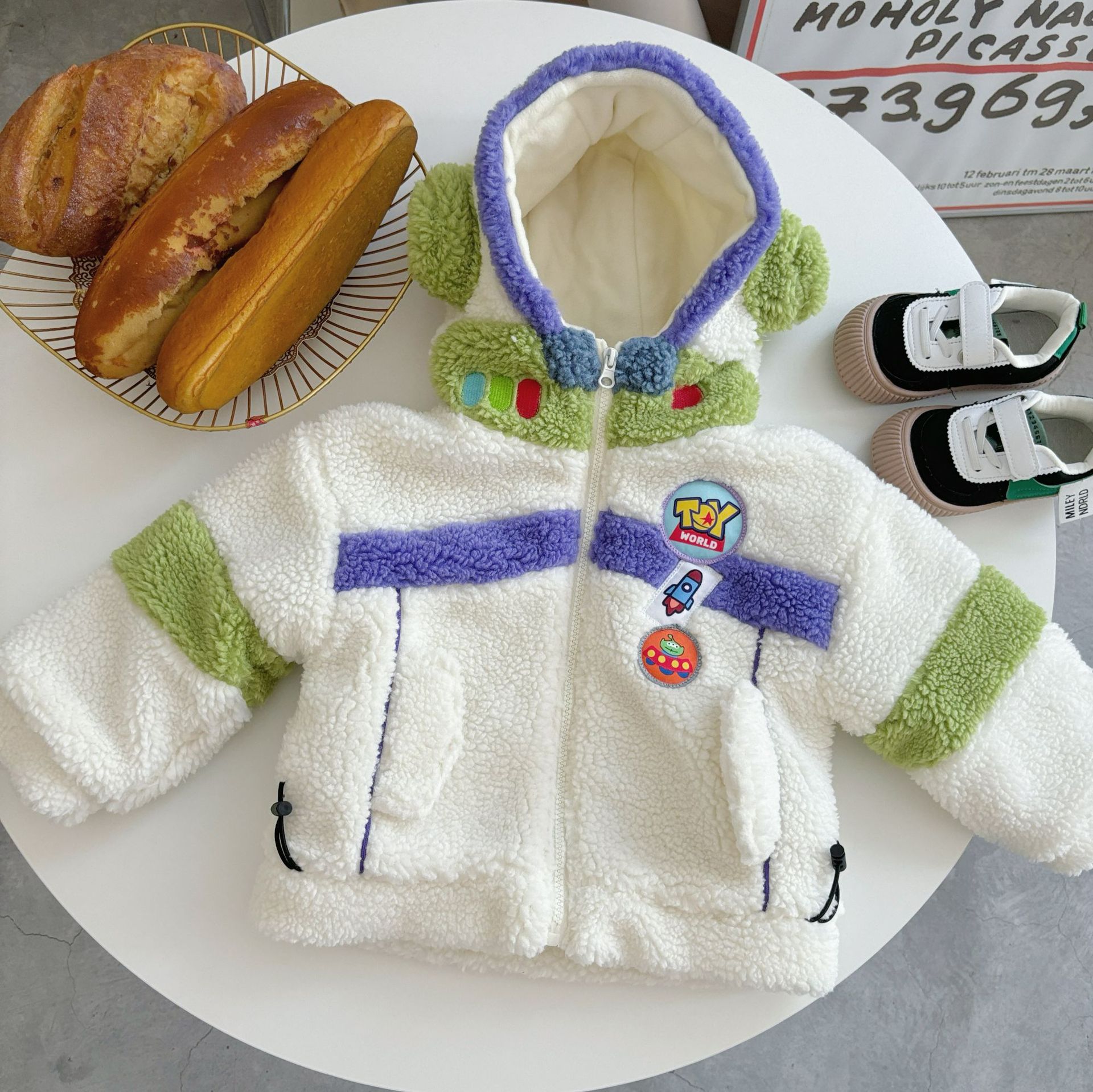 Winter Children's New fleece-lined Thickened Advanced Texture Stitching Contrast Color Hooded Cartoon Woolen Sweater Cotton-padded Jacket Trendy