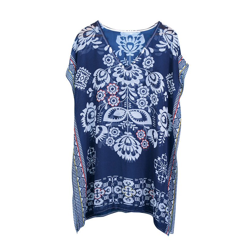Picture of Amazon new navy blue positioning flower chiffon V-neck loose bikini blouse beach skirt swimsuit coat women's cover
