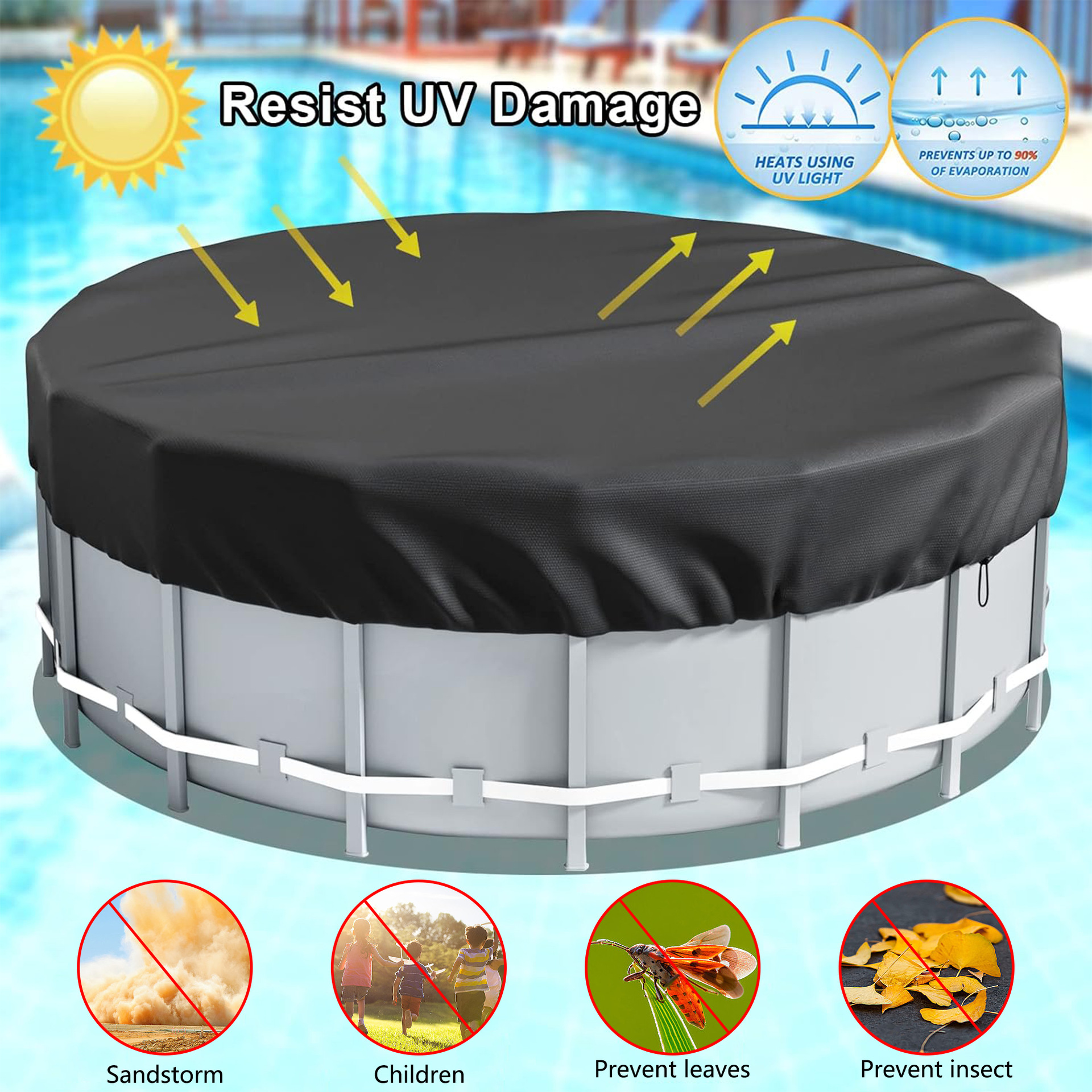 Picture of Black silver Square Round Pool Sunshade Summer Pool Cover Protective Cover with Accessories Bathtub Cover Waterproof and Dustproof