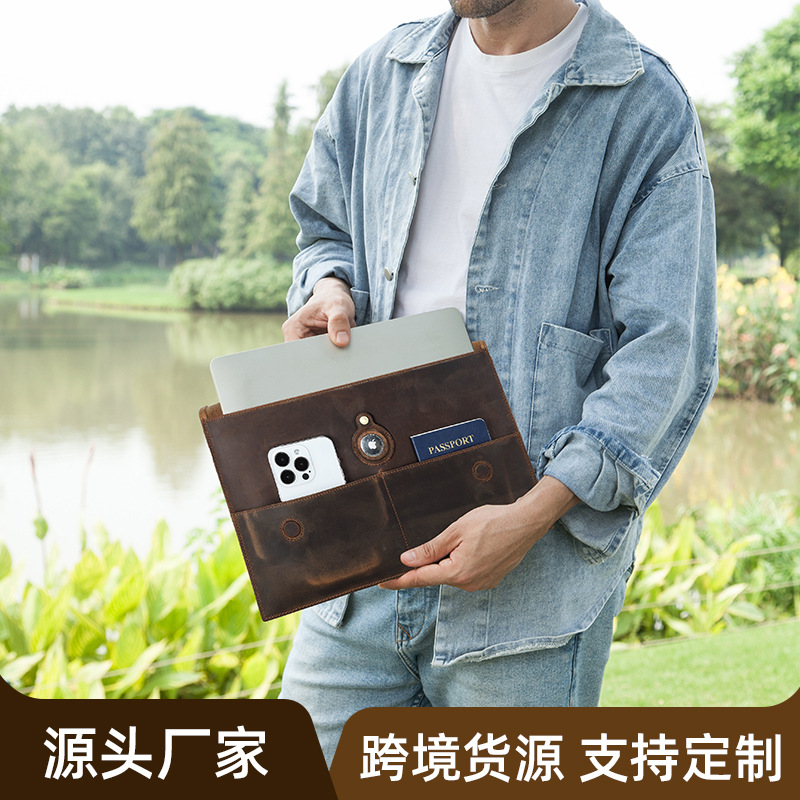 Picture of Suitable for macbookpro protective case with airtag locator crazy horse leather magnetic buckle 13.3 inch computer bag