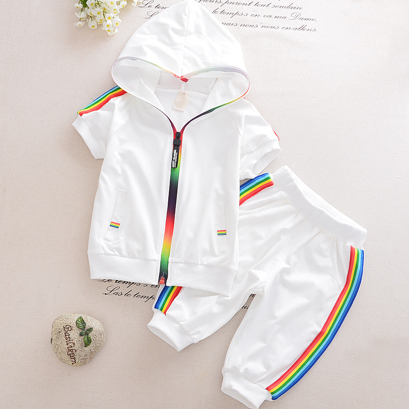 Picture of Korean-style New Boys and Girls Sports Suit Summer Short-sleeved Baby Hooded Zipper Shirt Black and White Two-piece Fashionable Suit