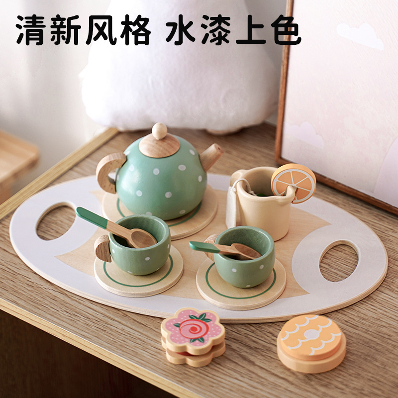 Children's Play House tea set combination afternoon tea dessert simulation teapot tableware suit wooden kitchen cutting toys