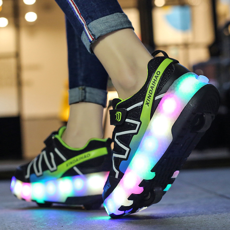 Picture of Winter children's heloo shoes double wheel student switch LED light children's roller skates USB charging button control mode