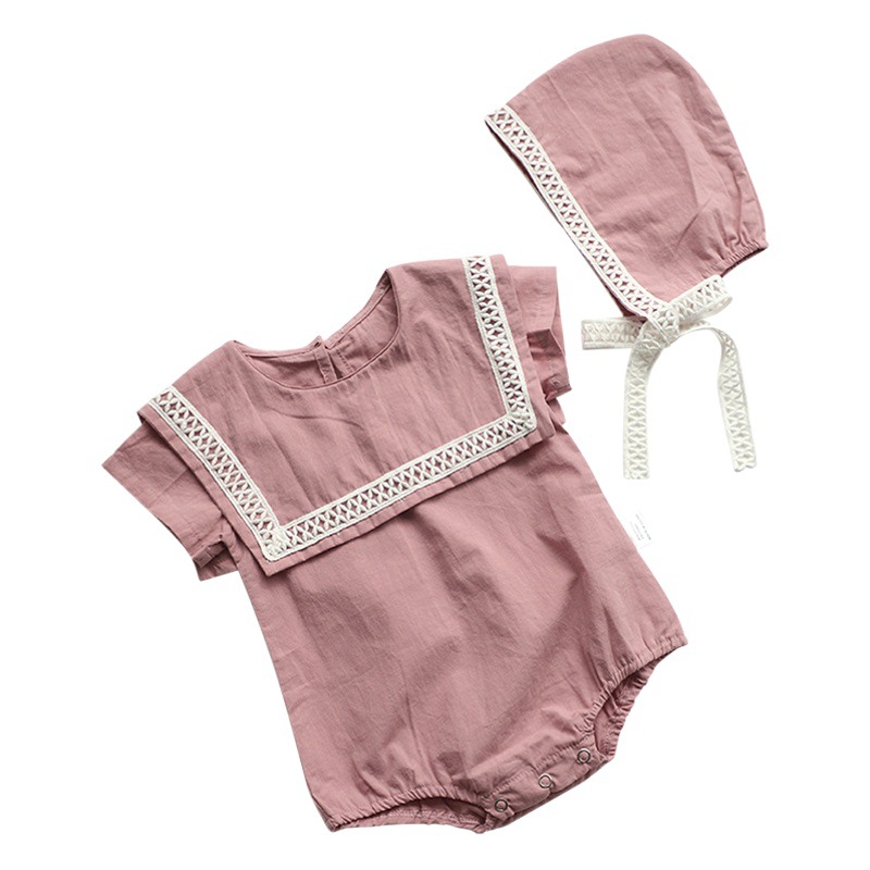 2024 summer baby clothing large lapel cotton lace baby jumpsuit baby clothes triangle climbing suit hat
