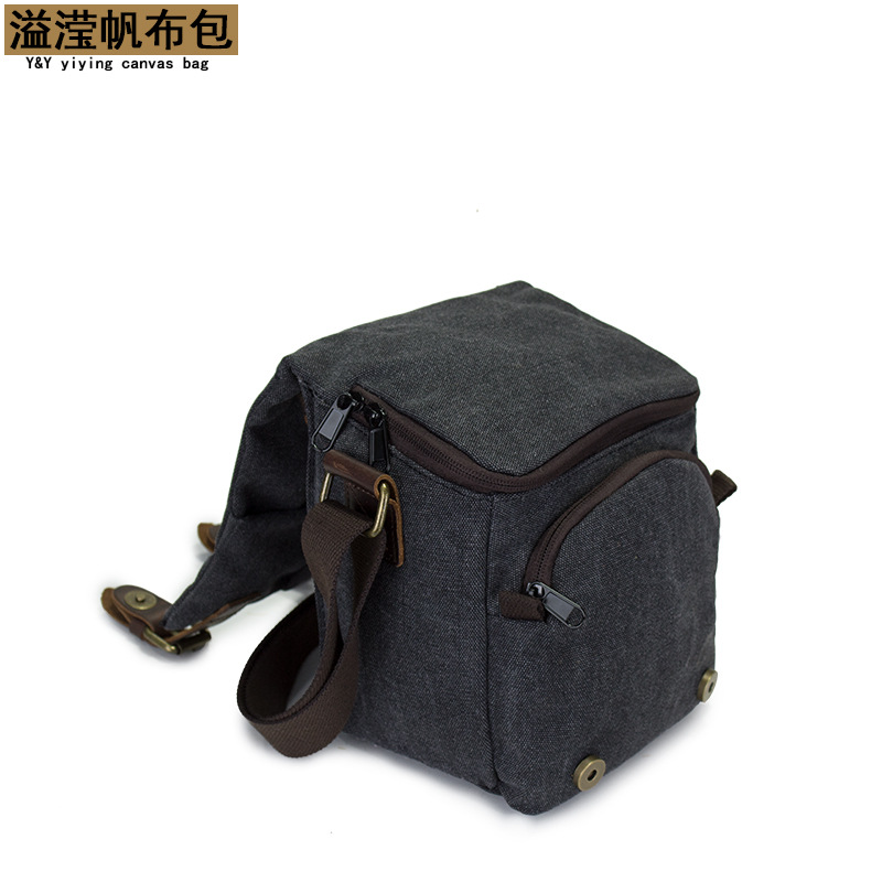 Picture of Canvas with Crazy Horse Leather Camera Bag Diagonal Camera Case Mirrorless Multi-Function Foreign Trade Retro Camera Bag