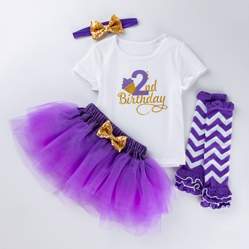 Picture of Cross-border Amazon European and American baby girls' birthday clothes 4-piece letter short-sleeved T-shirt princess dress socks suit
