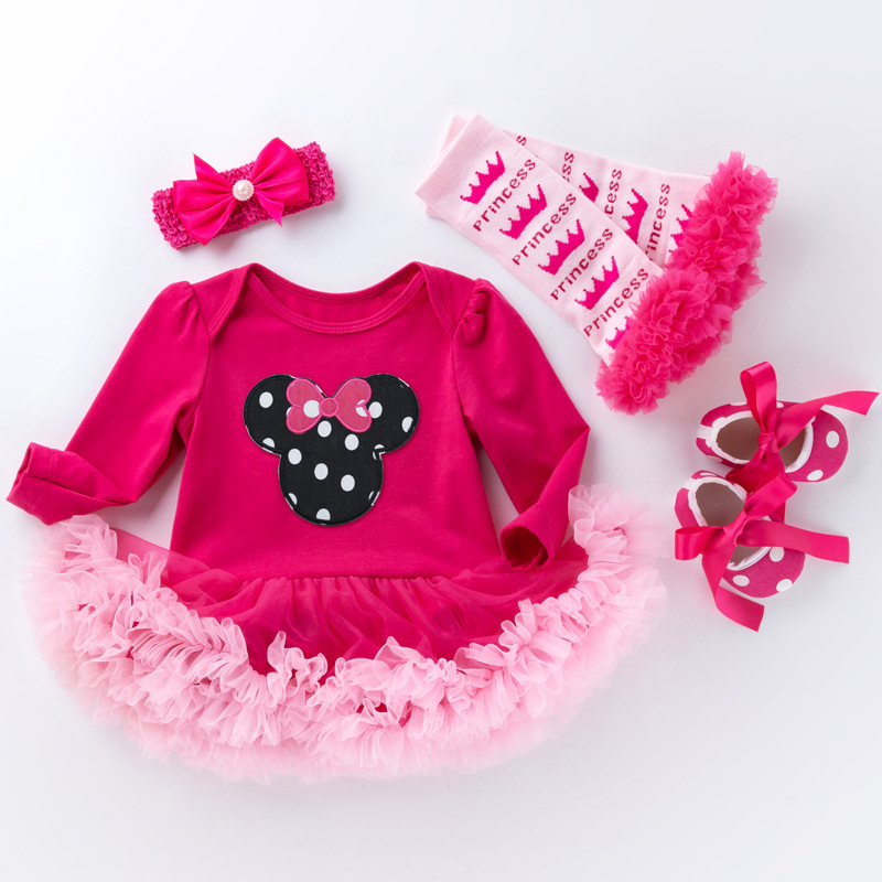 Picture of Cross-border foreign trade baby long-sleeved one-piece dress baby pink yarn dress socks suit girls' holiday children's dress 4-piece set