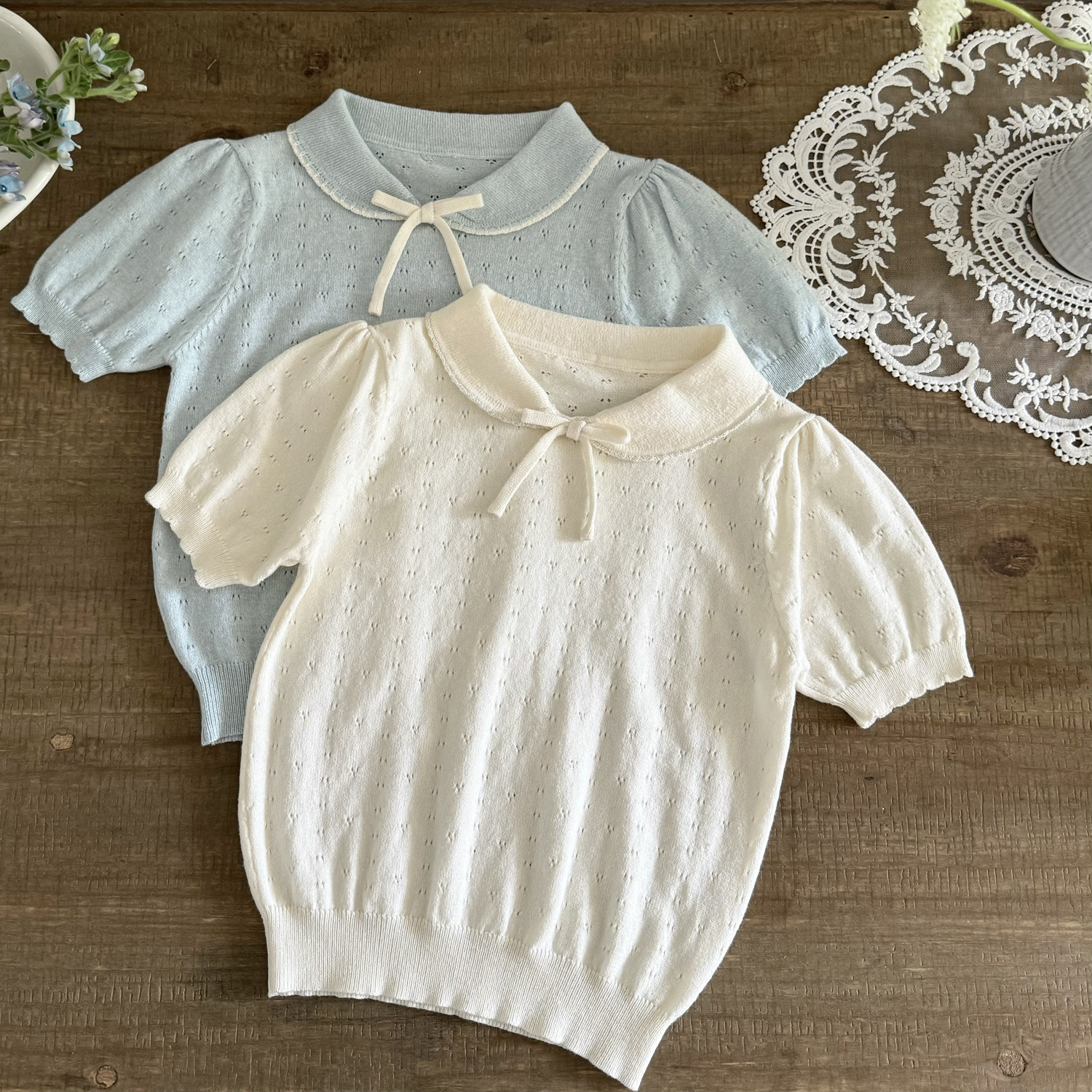 Picture of Japanese Children's Wear Girls Short-sleeved Sweater with Laps Cute Bow Short-sleeved T-shirt Ins Women's Short-sleeved Top
