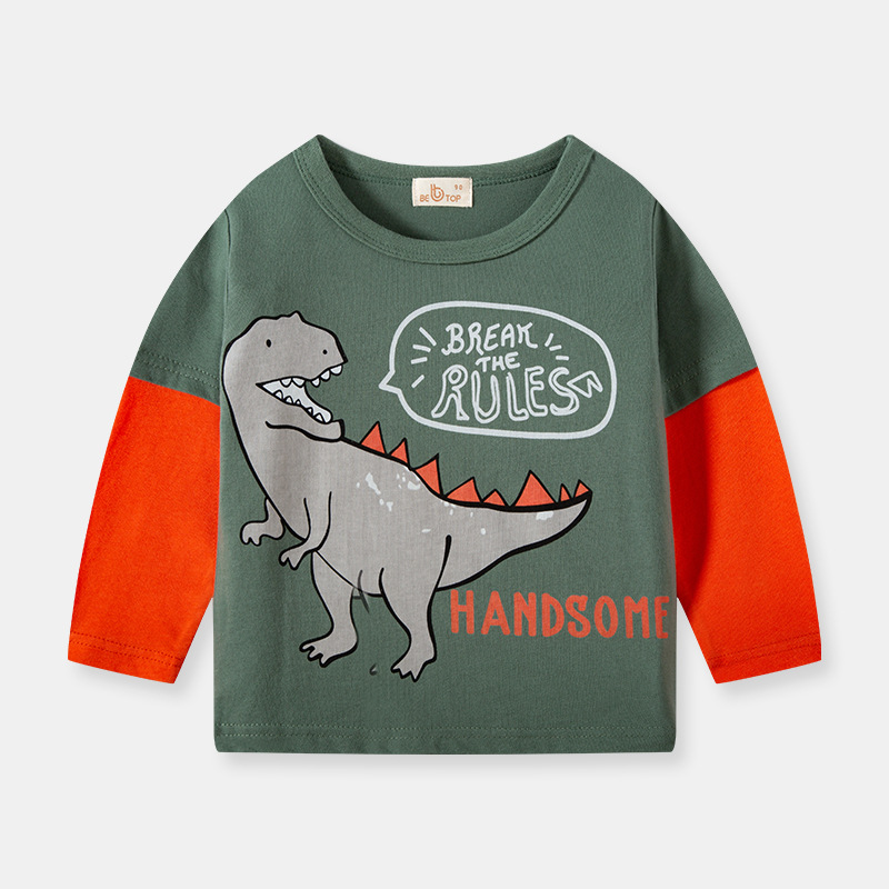 Picture of Children's Clothing Autum New Korean Style Dinosaur Patchwork Sleeve T-Shirt Kidsren's Long-Sleeved Boys' Bottoming Shirt Trbottomy Top One Piece Drop Shipping