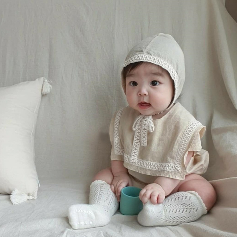 Picture of 2024 summer baby clothing large lapel cotton lace baby jumpsuit baby clothes triangle climbing suit hat
