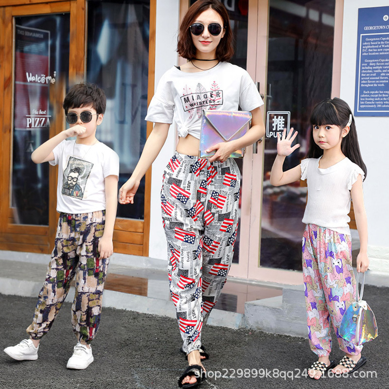 Parent-Child Bloomers Boys' Beach Pants Girls' Thin Anti-mosquito Pants Comfortable Ice Silk Large Children's Cotton Silk Trousers