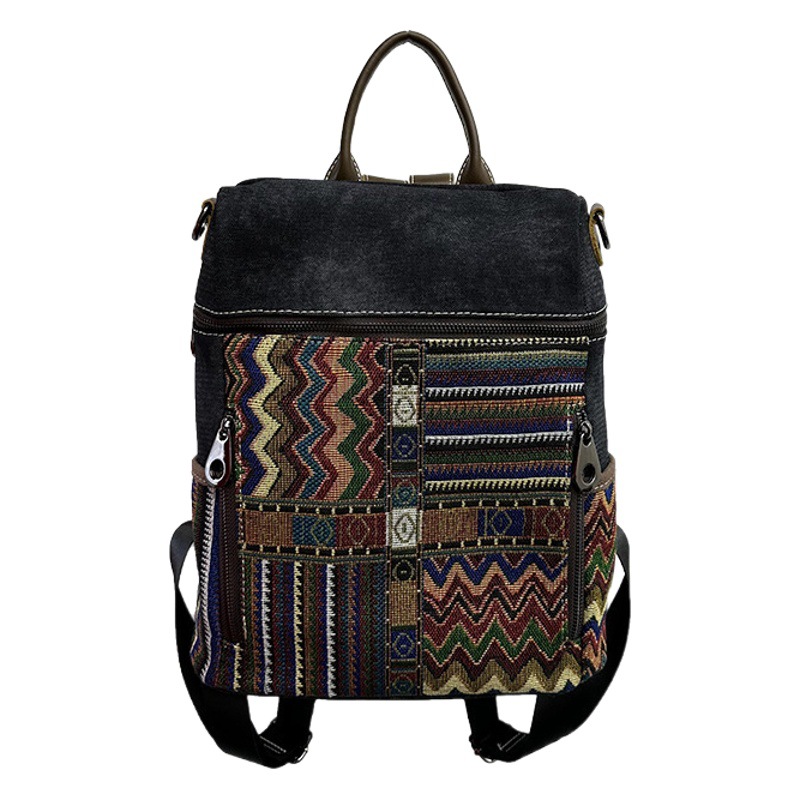 Vintage Ethnic Style Backpack Women's 2025 New Large Capacity Denim Bag Contrast Embroidered Dual-purpose Shoulder Bag