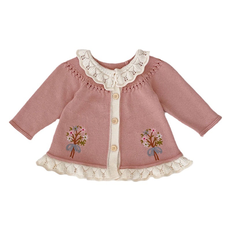 Ins2025 Spring and Autumn Baby Girl Retro Embroidered Cardigan Jacket Western Style Ruffled Lapel A-Line Long Sweater