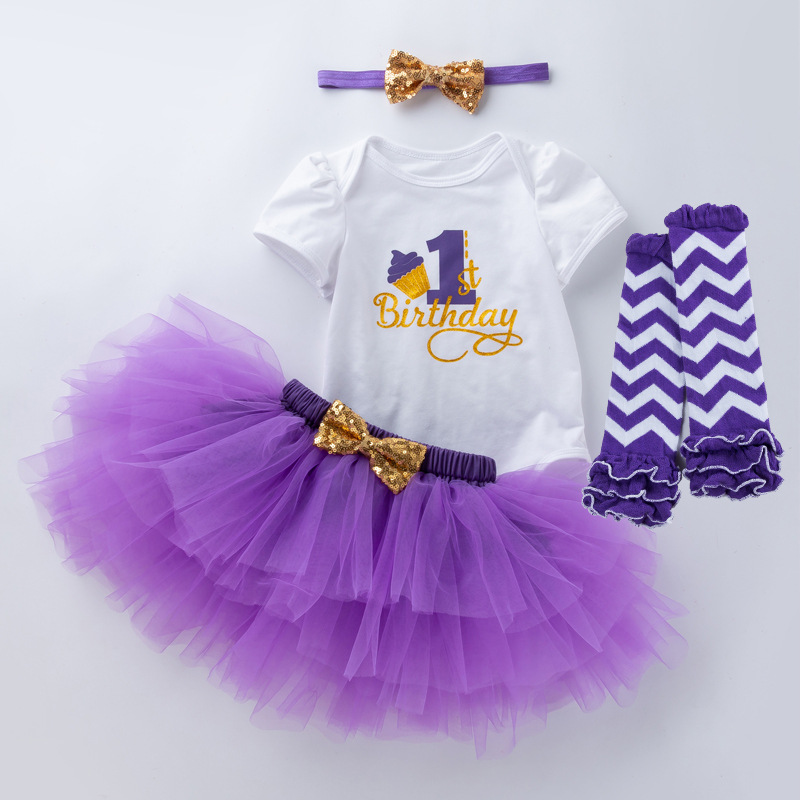 Picture of Cross-border Amazon European and American baby girls' birthday clothes 4-piece letter short-sleeved T-shirt princess dress socks suit