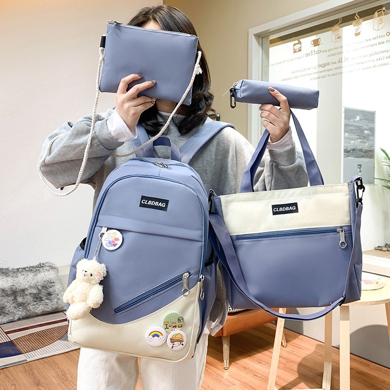 Picture of Schoolbag Female College Student Korean-style Cute Bear Pendant Backpack Senior high school Student Campus Canvas Four-piece Backpack